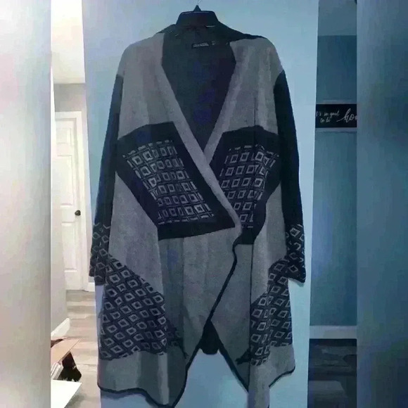 KENISTON Black Brown And Tan Fuzzy Knit Open Front Long Cardigan - Picture 1 of 4